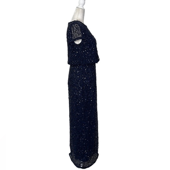 Adrianna Papell | Navy Sequin Dress with Short Sleeves & Side Split - Picture 6 of 13
